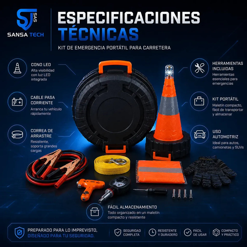 Kit Carretera Carro Cono Led Cable Remolque Emergencia