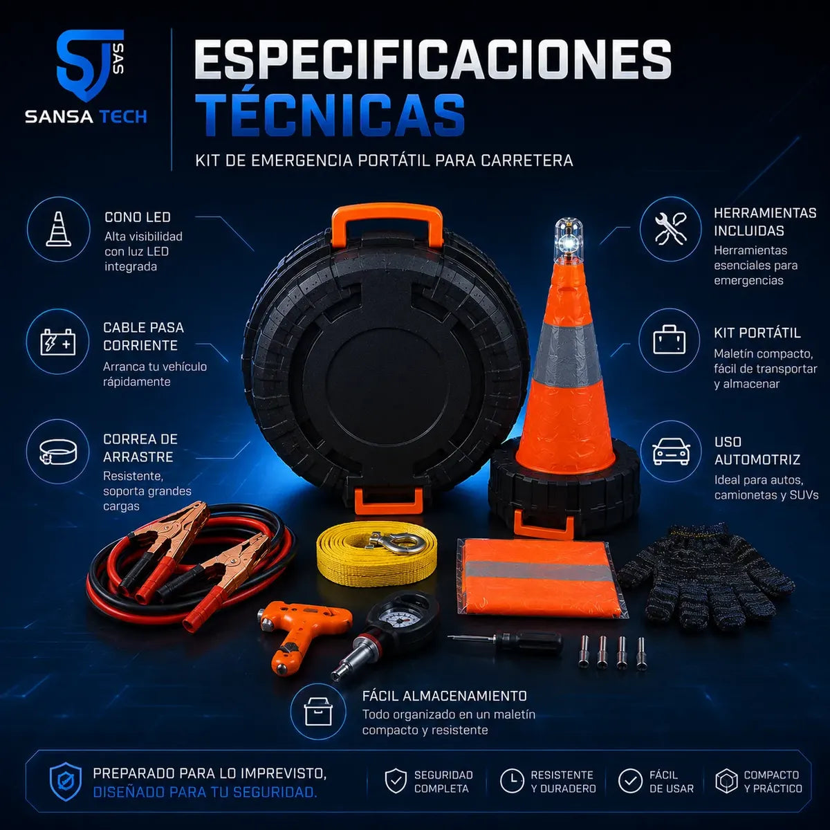 Kit Carretera Carro Cono Led Cable Remolque Emergencia
