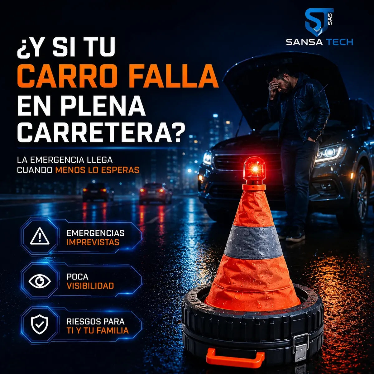 Kit Carretera Carro Cono Led Cable Remolque Emergencia