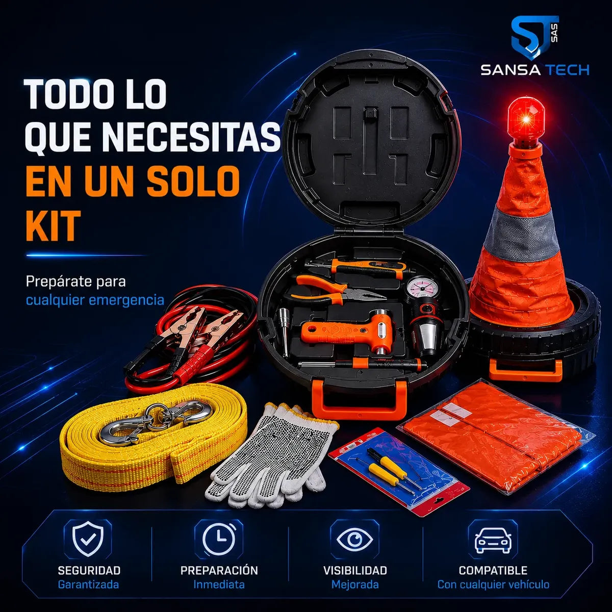Kit Carretera Carro Cono Led Cable Remolque Emergencia